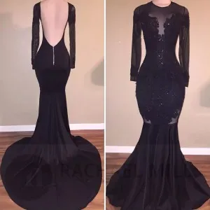 lone sleeve backless black lace satin prom gown