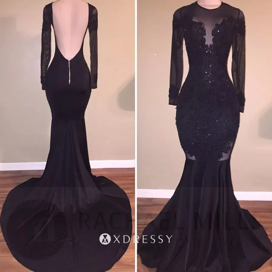 lone sleeve backless black lace satin prom gown