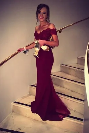 off the shoulder burgundy mermaid bridesmaid dress