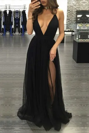 black tulle plunging neck high split prom dress