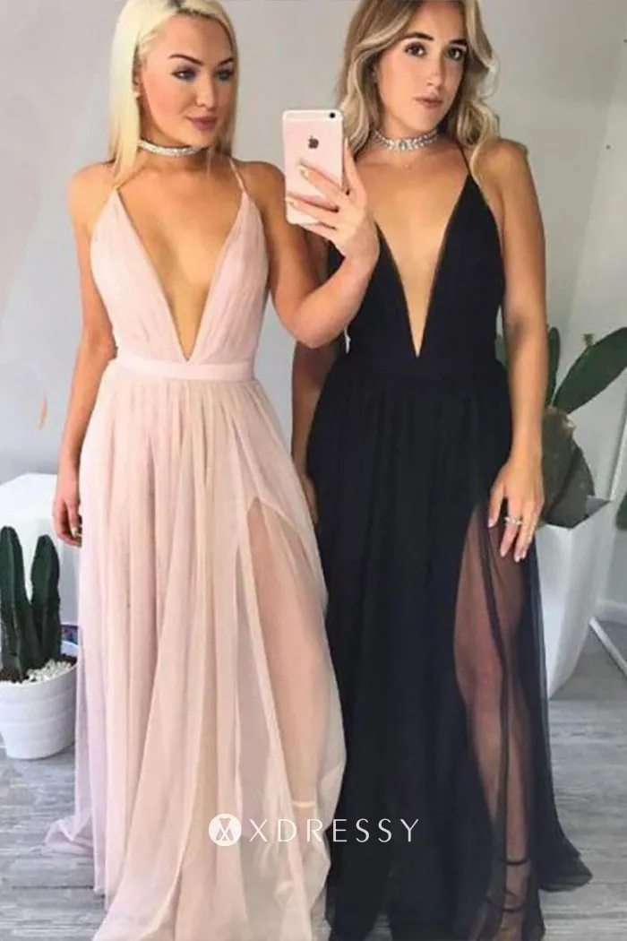 plunging neck high split black tulle prom dress plunging neck high split black tulle prom dress