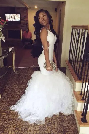 ruffled trumpet cut out drop waist white prom gown