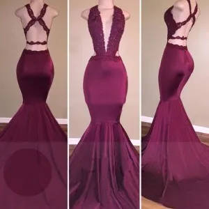 maroon lace backless wide straps trumpet prom gown