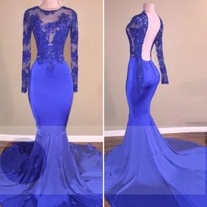 illusion neck long sleeve royal blue formal dress