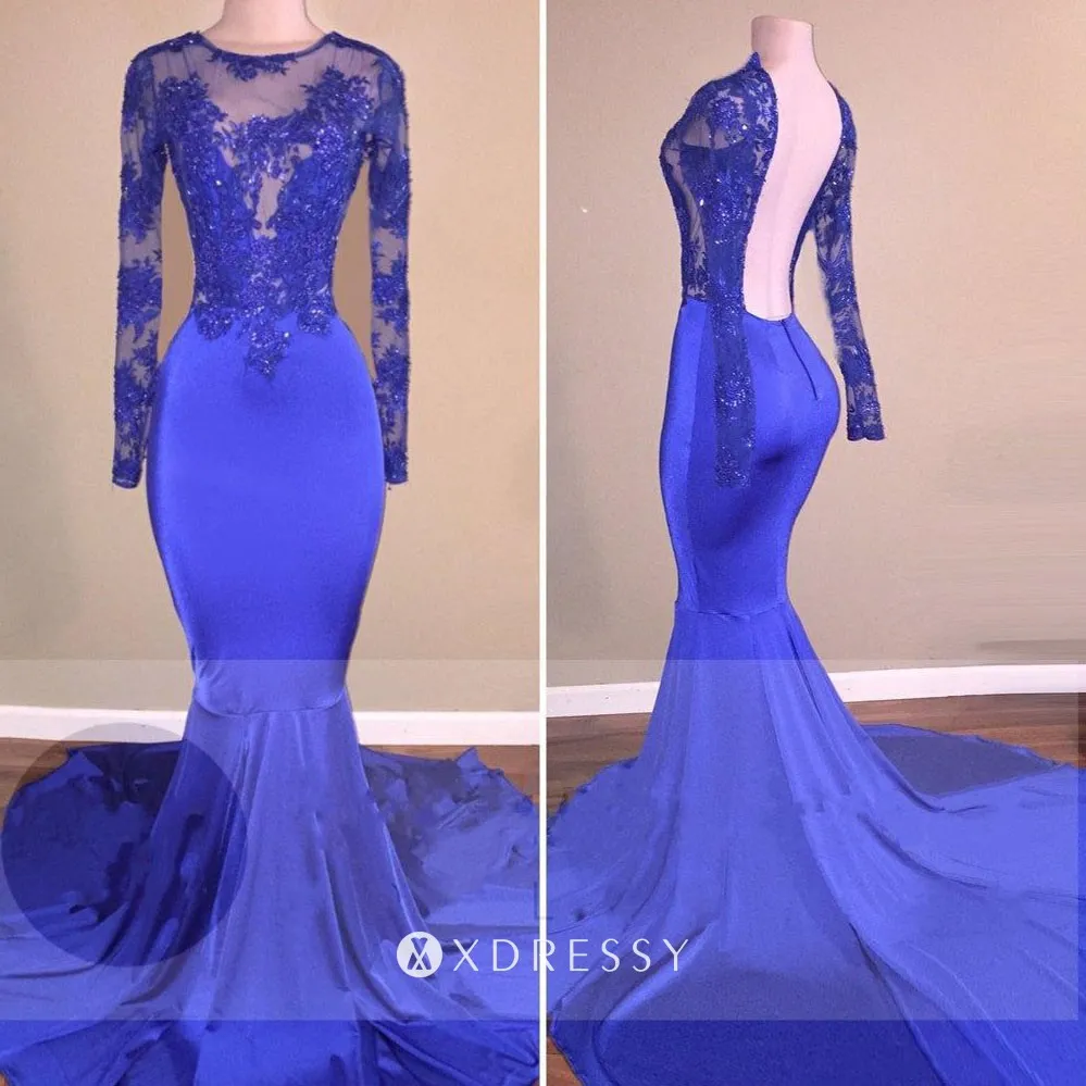 illusion neck long sleeve royal blue formal dress
