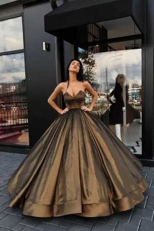 shiny coffee strapless beaded Quinceaera ballgown