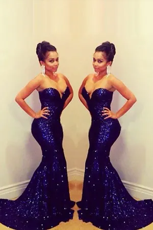navy sequin strapless slim fit mermaid prom dress