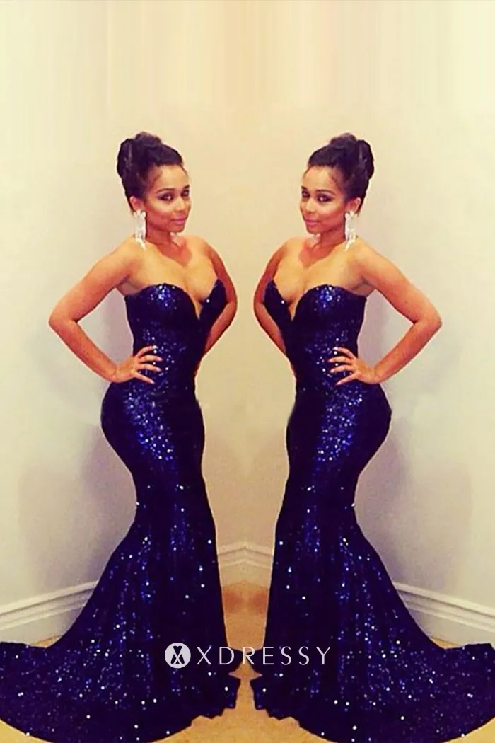 navy sequin strapless slim fit mermaid prom dress