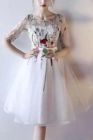knee length half sleeve floral white party dress