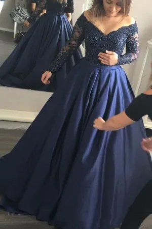 long sleeve V neck navy lace satin formal ballgown