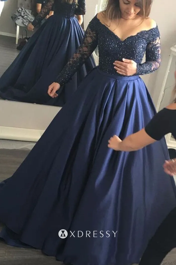 long sleeve V neck navy lace satin formal ballgown long sleeve V neck navy lace satin formal ballgown