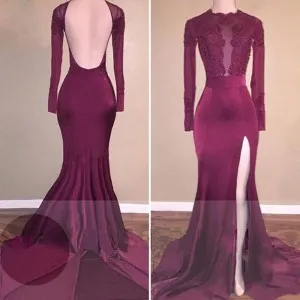 backless long sleeve maroon mermaid formal dress