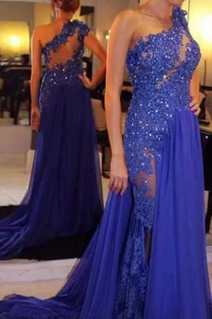 one shoulder royal blue lace chiffon prom dress