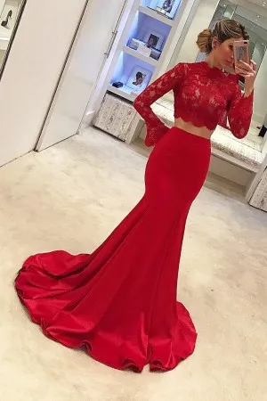 two piece red lace satin mermaid formal dress