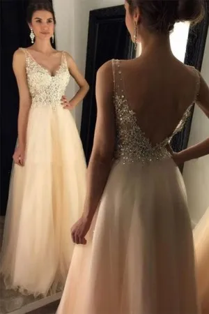 beaded nude tulle sleeveless A line cute prom gown