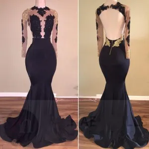 gold black lace open back illusion prom dress