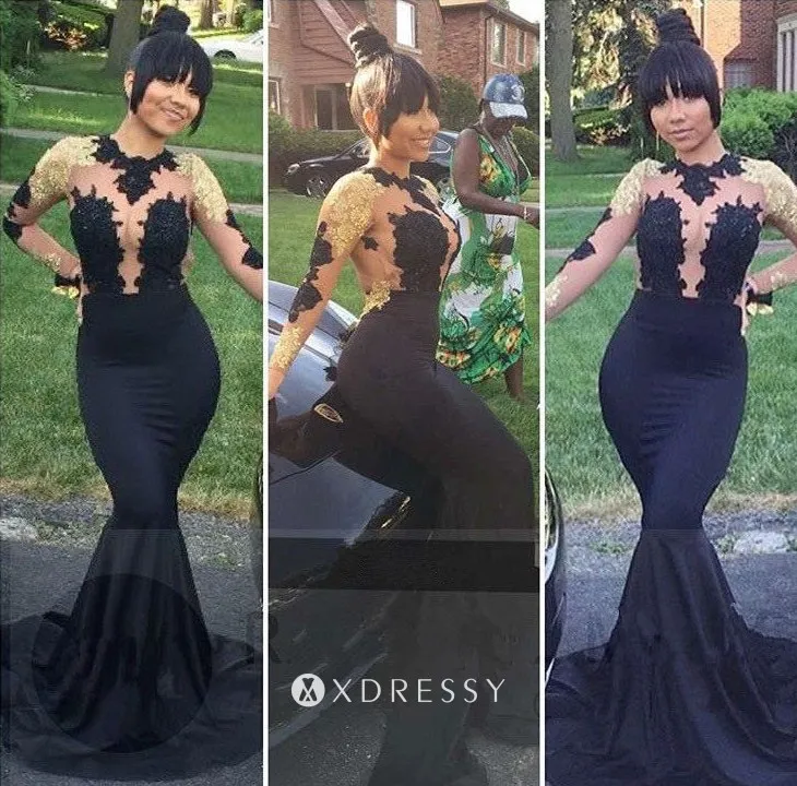 long sleeves gold black lace illusion prom dress long sleeves gold black lace illusion prom dress