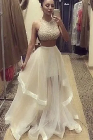 two piece ivory glitter flounced tulle prom gown