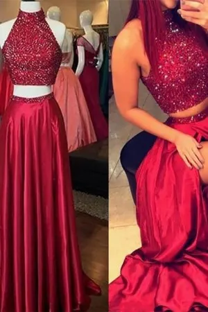 beading high neck split two piece red prom dress