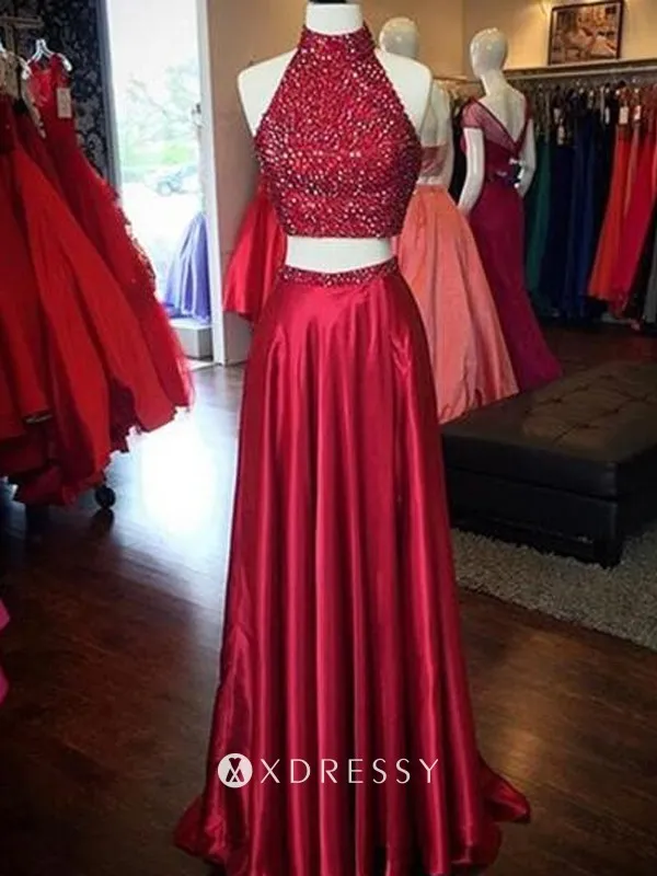 sleeveless beading high neck split two piece red prom dress
