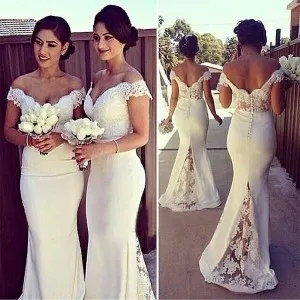 scalloped off the shoulder ivory bridesmaid dress
