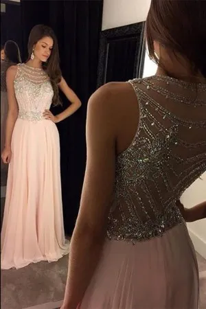 diamonds beading nude pink chiffon A line prom dress