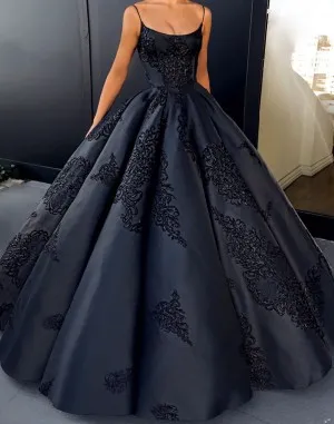 scoop neck lace appliqued dark navy satin formal ball gown