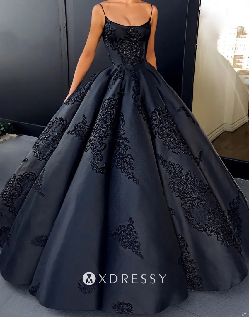 scoop neck lace appliqued dark navy satin formal ball gown scoop neck lace appliqued dark navy satin formal ball gown
