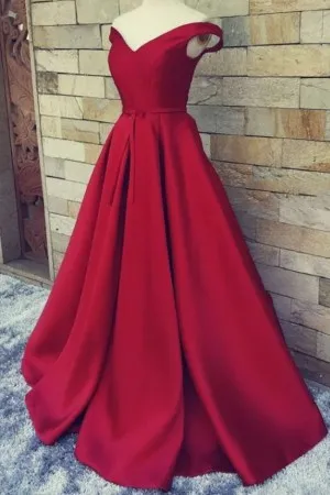off the shoulder red satin A line formal ball gown