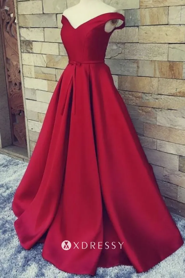 off the shoulder red satin A line formal ball gown off the shoulder red satin A line formal ball gown