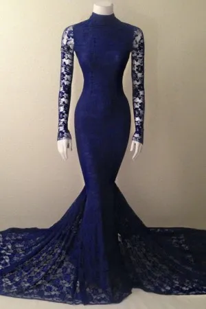 high neck long sleeve navy blue lace formal dress
