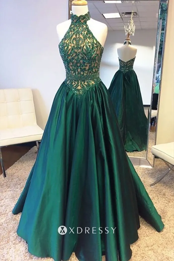 beaded lace halter high neck satin skirt prom gown beaded lace halter high neck satin skirt prom gown