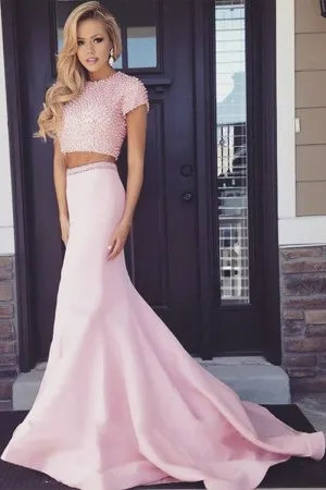 short sleeve pearls pink two piece formal dress