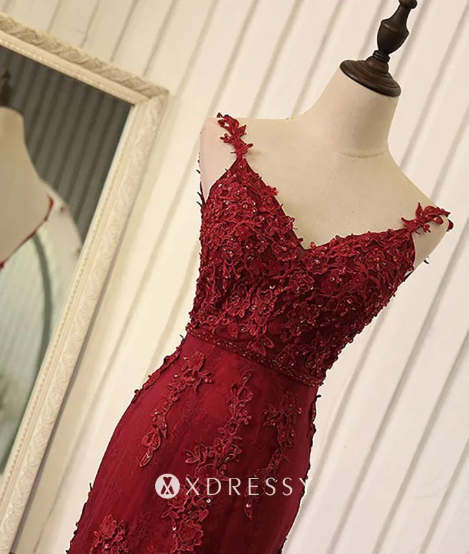 V neck beaded ruby lace tulle trumpet vintage formal gown V neck beaded ruby lace tulle trumpet vintage formal gown