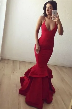 V neck red two tiered slim fit mermaid prom dress