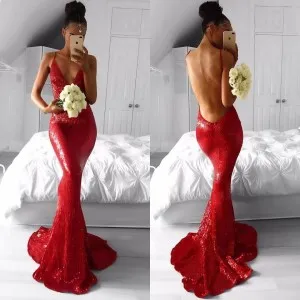 backless V neck red sequin mermaid long prom dress