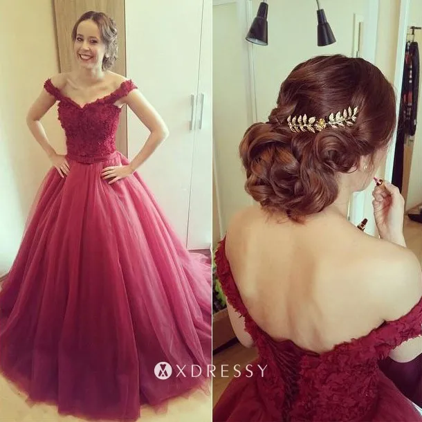 off the shoulder burgundy lace tulle prom ballgown