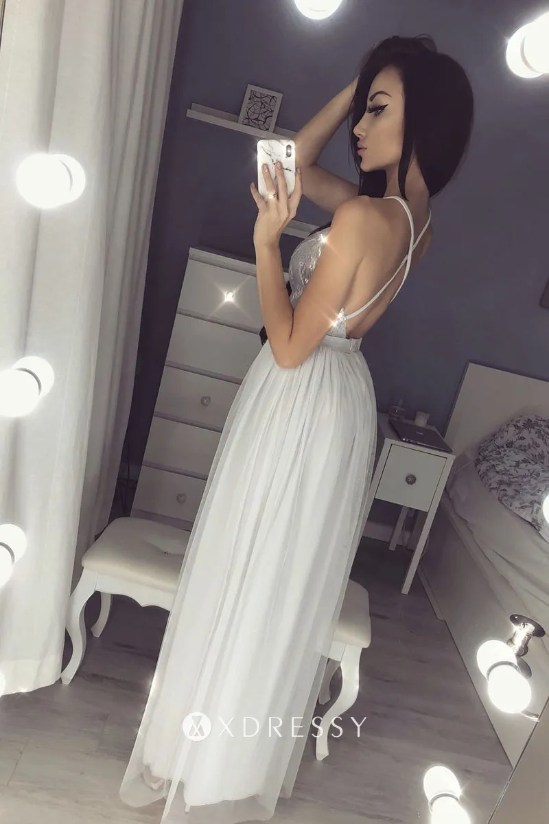 backless split silver sequin chiffon A line prom dress backless split silver sequin chiffon A line prom dress
