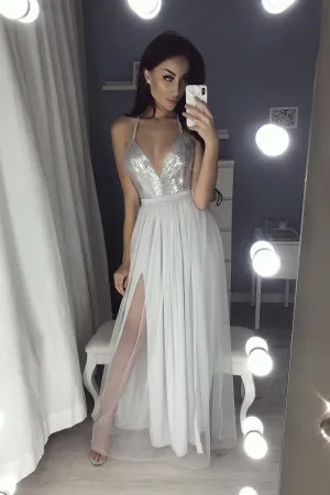 silver sequin chiffon split backless prom dress