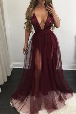 burgundy sequin sheer tulle slits sexy prom gown