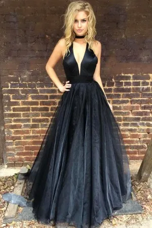 black organza plunging neck long prom ball gown