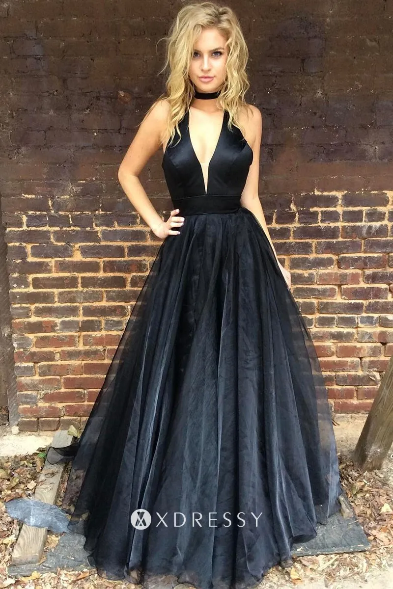 Backless Plunging V Neck Slim Fit Black Prom Dress - Xdressy