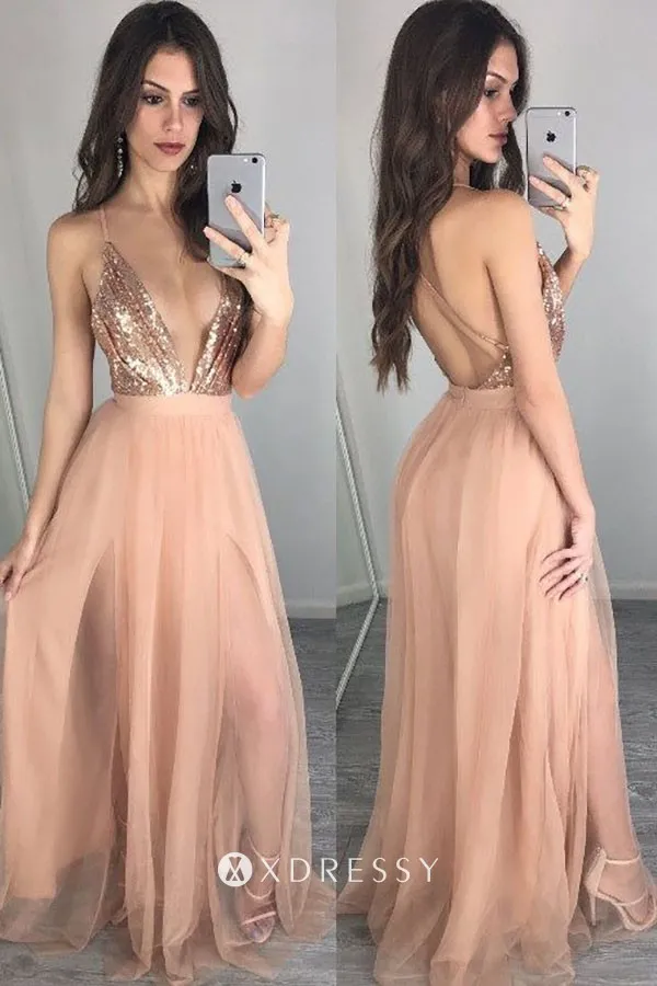 backless gold sequin sheer nude tulle prom dress backless gold sequin sheer nude tulle prom dress