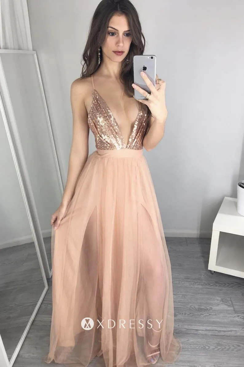 sexy gold sequin sheer nude tulle slits prom dress sexy gold sequin sheer nude tulle slits prom dress