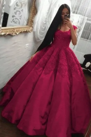 Queen Anne neck magenta long Quinceaera ball gown