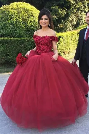 off shoulder floral red tulle engagement ball gown