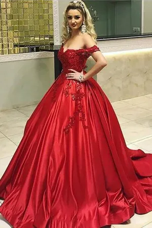 red lace satin off shoulder engagement ball gown