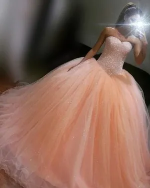 strapless beading peach pink Quinceaera ball gown