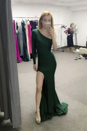 one sleeve slit emerald green mermaid prom dress