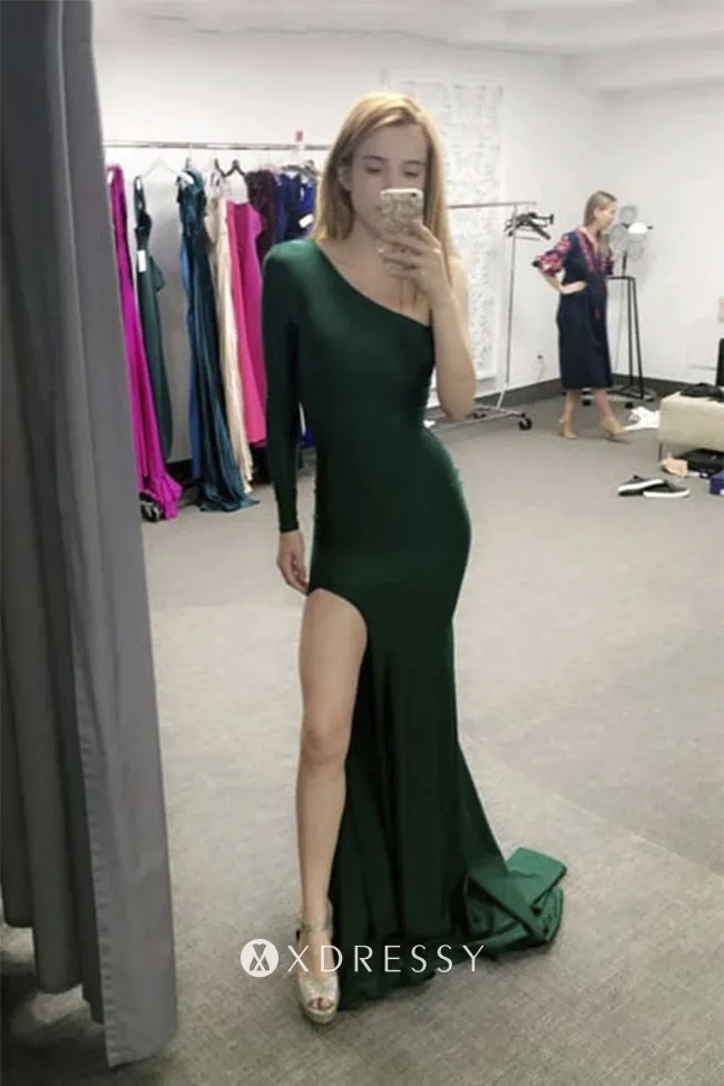 one sleeve slit emerald green mermaid prom dress one sleeve slit emerald green mermaid prom dress